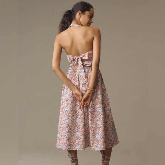 Anthropologie Atsu Sally Bow Back Halter A-line Midi dress Size M Pink - Picture 3 of 4
